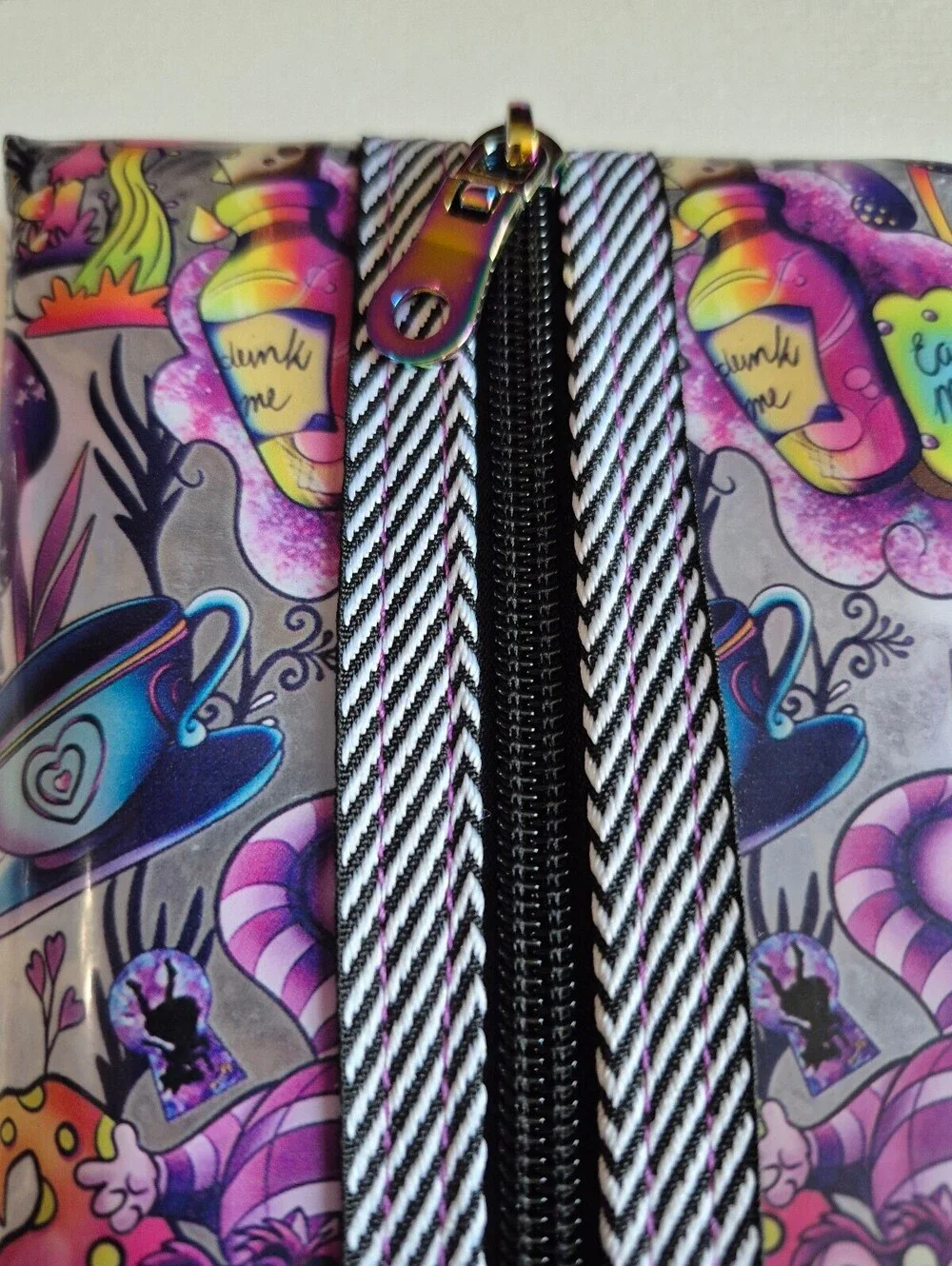 Clear purple tea party strip cat, makeup brush pouch